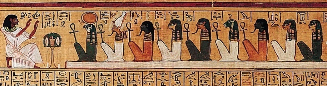 Egyptian fresco depicting various characters used to tell a story